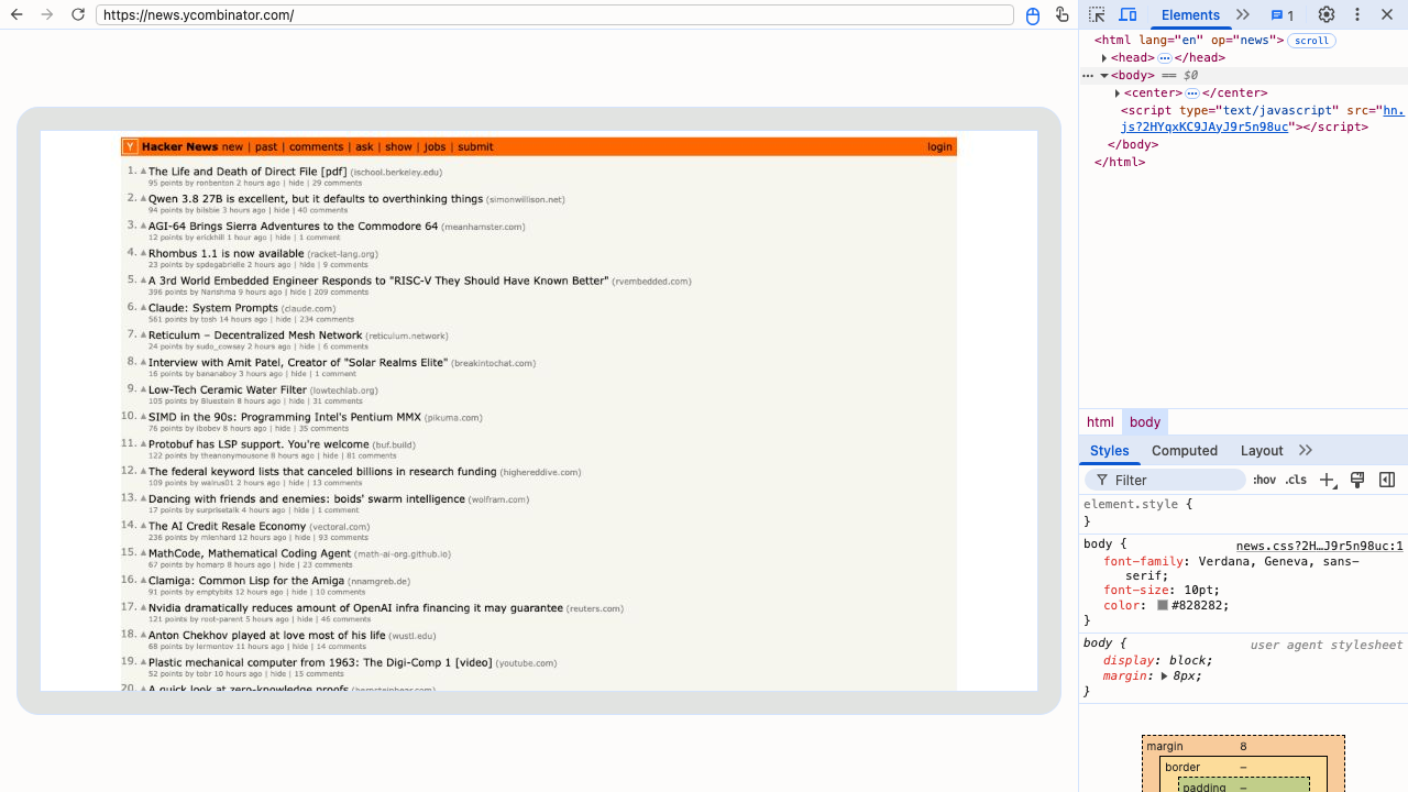 Chromium DevTools attached to the page anoa is streaming, showing the Elements and Styles panels